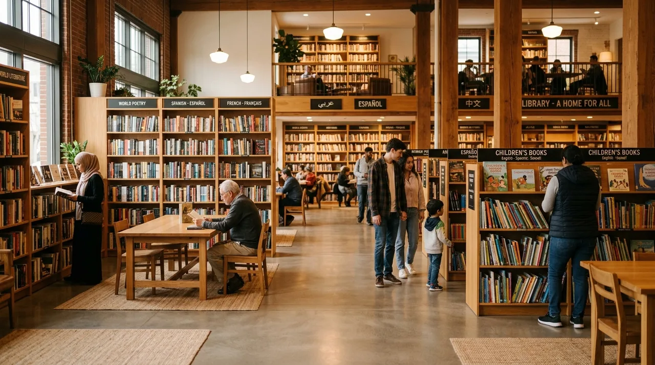 Espace de lecture chaleureux et multilingue à la bibliothèque de Montpellier